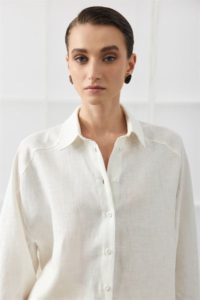 Beyaz Oversize Basic Keten Gömlek