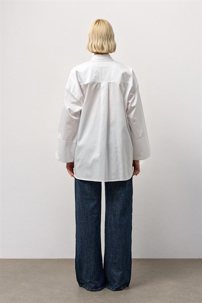 Beyaz Pamuk Saten Oversize Gömlek