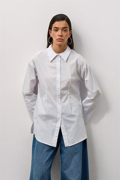 Beyaz Pensli Fitted Poplin Gömlek