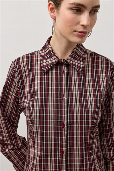 Bordo Belden Oturmalı Ekose Gömlek