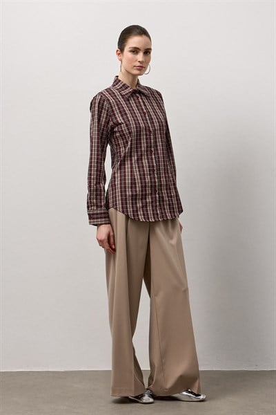 Bordo Belden Oturmalı Ekose Gömlek