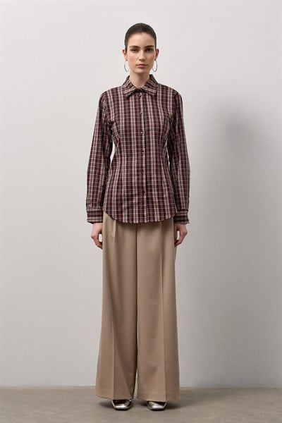 Bordo Belden Oturmalı Ekose Gömlek