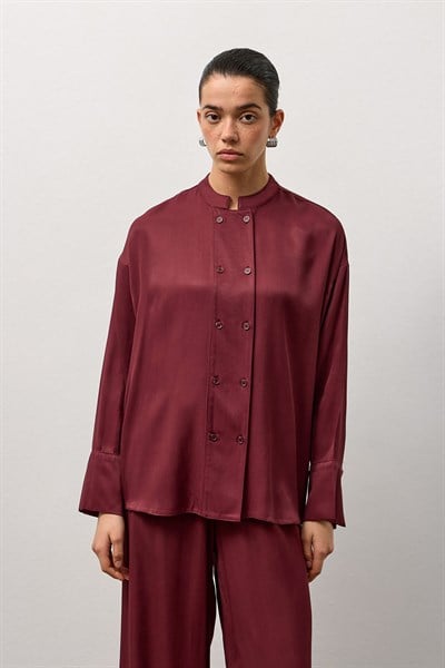 Bordo Çift Düğmeli Hakim Yaka Gömlek