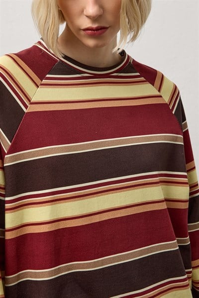 Bordo Çizgili Bisiklet Yaka T-Shirt