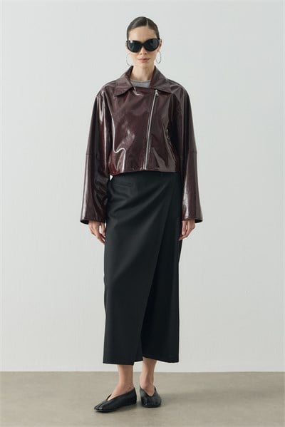 Bordo Crop Biker Deri Ceket