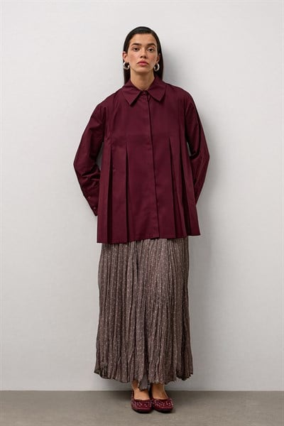Bordo Geniş Manşetli Pileli A Form Gömlek