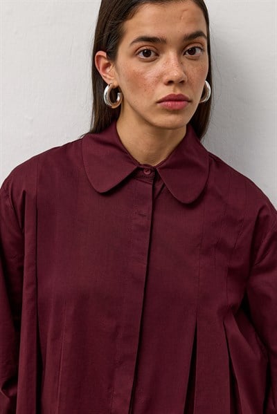 Bordo Geniş Manşetli Pileli A Form Gömlek