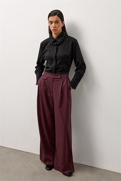 Bordo Linea Geniş Paça Pantolon