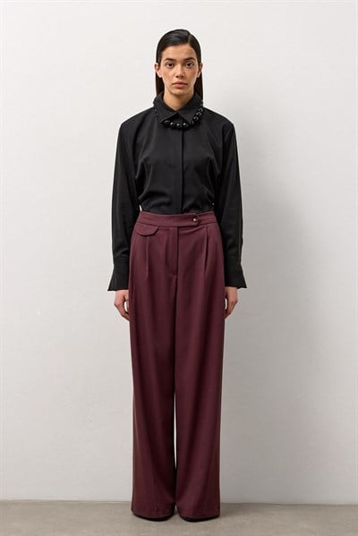 Bordo Linea Geniş Paça Pantolon