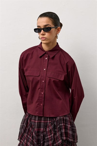 Bordo Geniş Kol Mini Gömlek