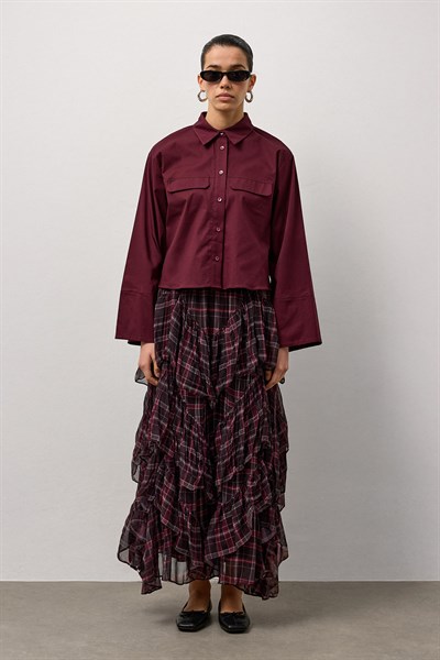 Bordo Geniş Kol Mini Gömlek