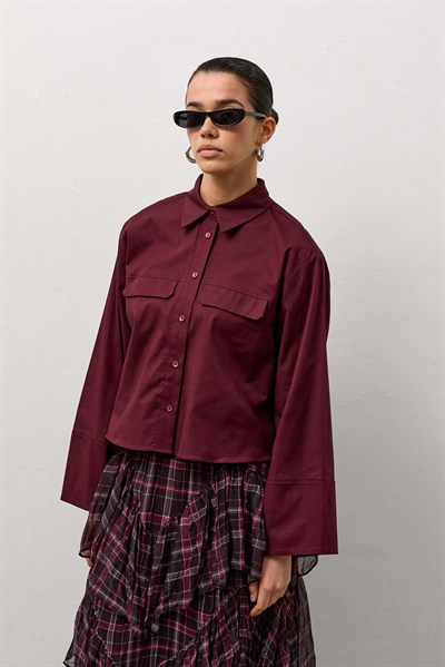 Bordo Geniş Kol Mini Gömlek