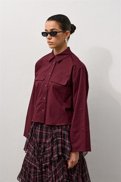 Bordo Geniş Kol Mini Gömlek