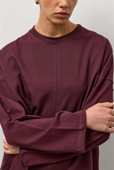 Bordo Oversize Kesim Uzun Kollu Basic T-Shirt