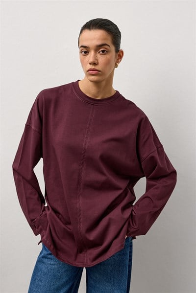 Bordo Oversize Kesim Uzun Kollu Basic T-Shirt
