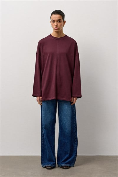 Bordo Oversize Kesim Uzun Kollu Basic T-Shirt