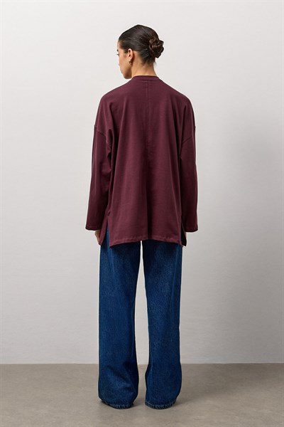 Bordo Oversize Kesim Uzun Kollu Basic T-Shirt