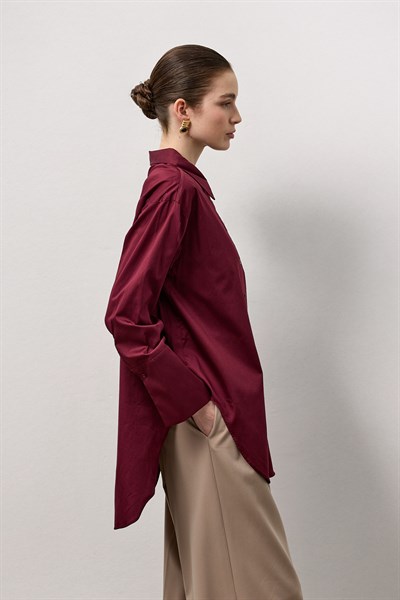 Bordo Pamuklu Arkası Pile Detaylı Regular Fit Gömlek