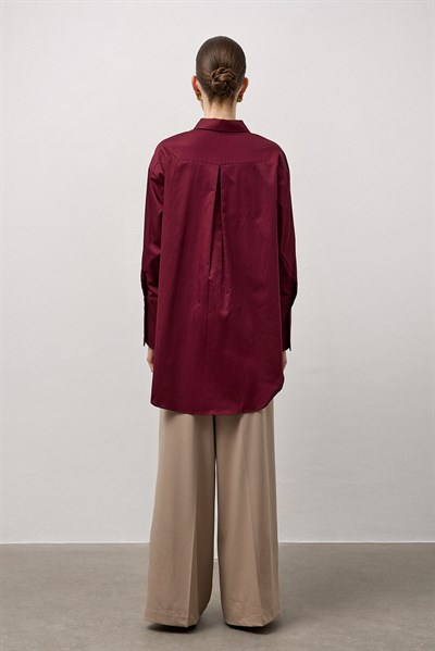 Bordo Pamuklu Arkası Pile Detaylı Regular Fit Gömlek