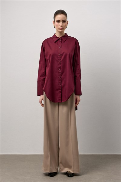 Bordo Pamuklu Arkası Pile Detaylı Regular Fit Gömlek
