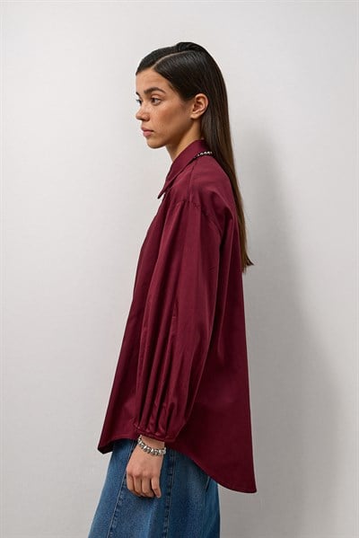 Bordo Pamuklu Balon Kol Detaylı Relaxed Fit Gömlek