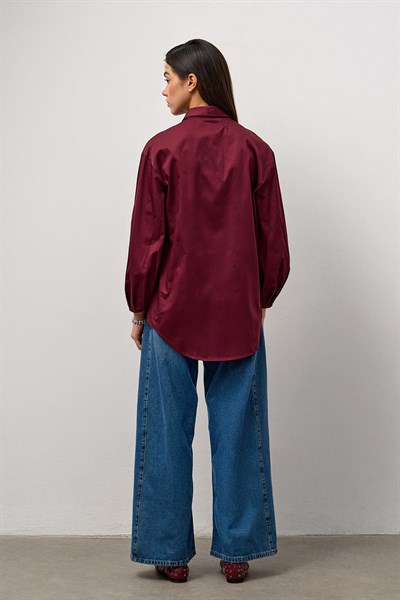 Bordo Pamuklu Balon Kol Detaylı Relaxed Fit Gömlek