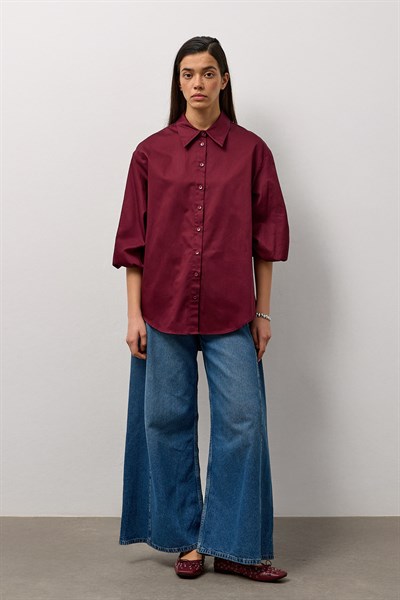 Bordo Pamuklu Balon Kol Detaylı Relaxed Fit Gömlek