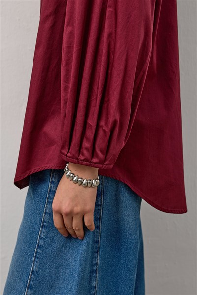 Bordo Pamuklu Balon Kol Detaylı Relaxed Fit Gömlek