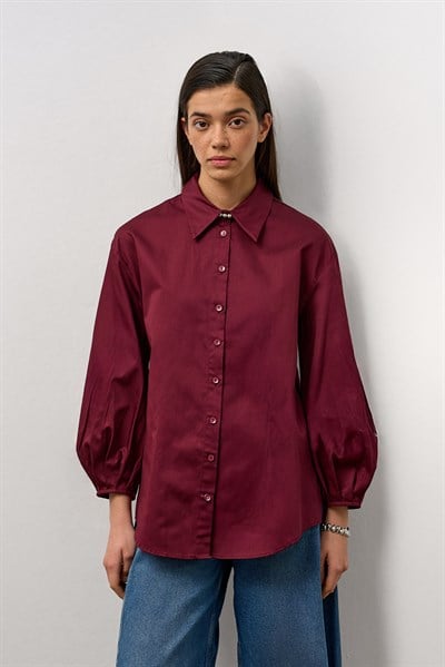 Bordo Pamuklu Balon Kol Detaylı Relaxed Fit Gömlek