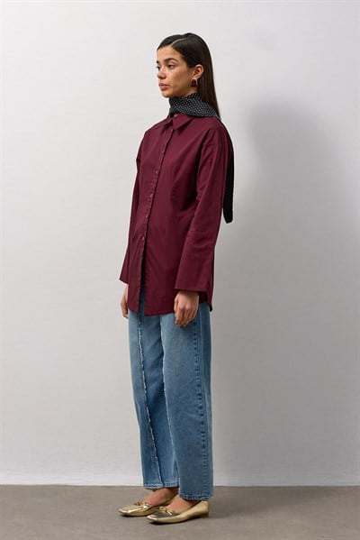 Bordo Pensli Fitted Poplin Gömlek