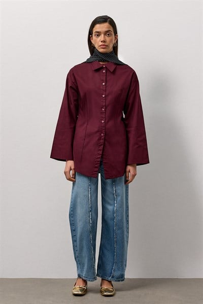 Bordo Pensli Fitted Poplin Gömlek