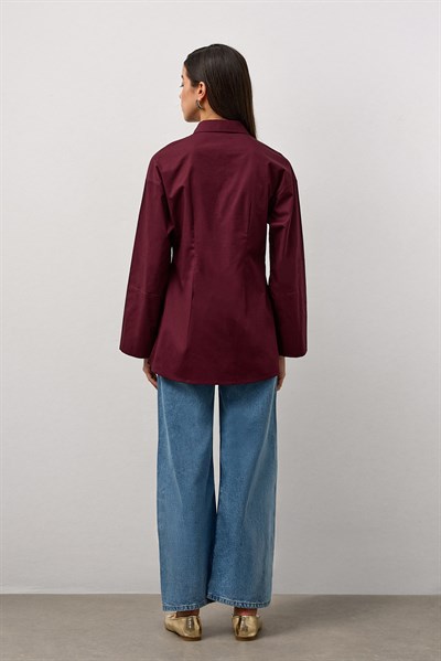 Bordo Pensli Fitted Poplin Gömlek