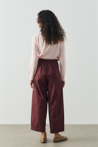 Bordo Pile Detaylı Crop Boy Gabardin Pantolon