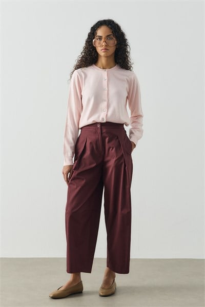 Bordo Pile Detaylı Crop Boy Gabardin Pantolon
