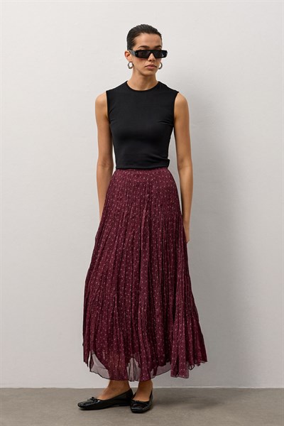 Bordo Şifon Desenli Etek