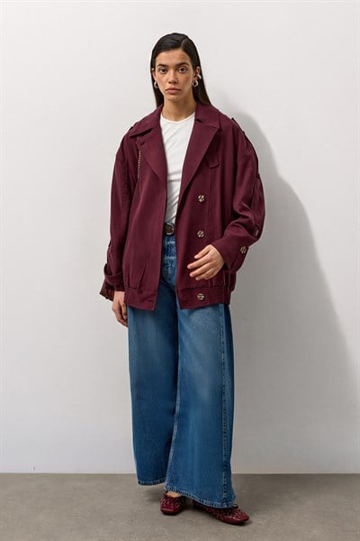 Bordo Trenç Bomber Rüzgarlıklı Ceket