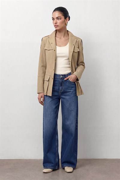 Camel Dik Yaka Safari Ceket