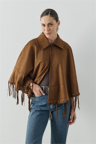 Camel Püskül Detaylı Süet Pelerin