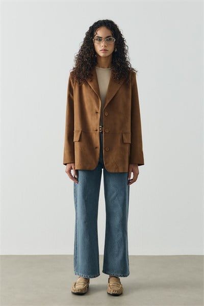Camel Regular Fit Süet Blazer