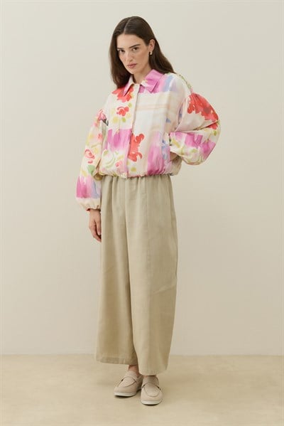 Ekru Floral Tuval Desen Keten Bomber Ceket