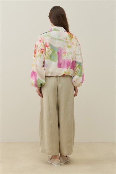 Ekru Floral Tuval Desen Keten Bomber Ceket