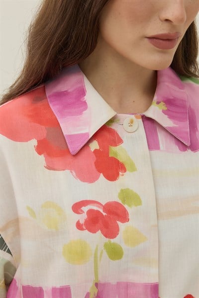 Ekru Floral Tuval Desen Keten Bomber Ceket
