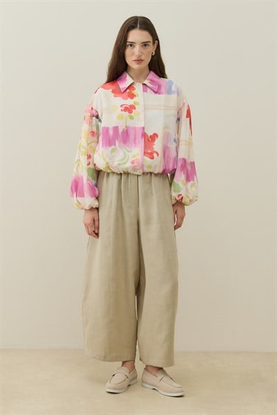 Ekru Floral Tuval Desen Keten Bomber Ceket