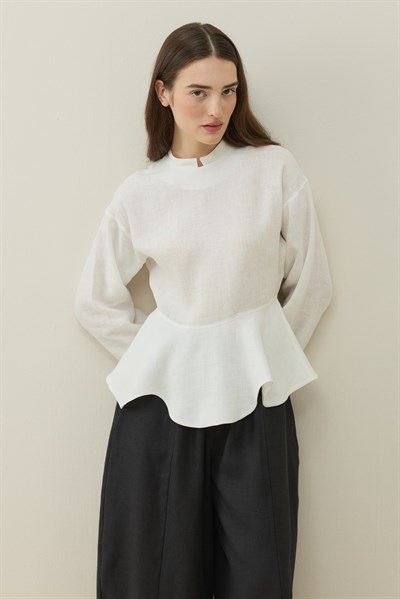 Ekru Hakim Yaka Peplum Keten Bluz