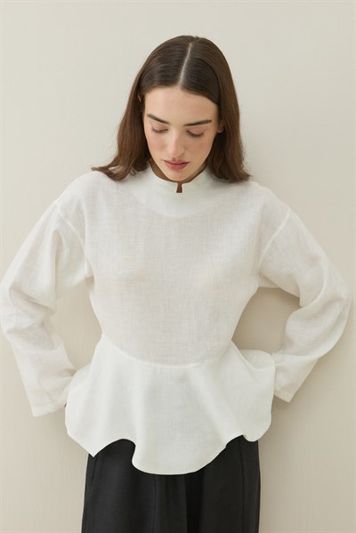 Ekru Hakim Yaka Peplum Keten Bluz