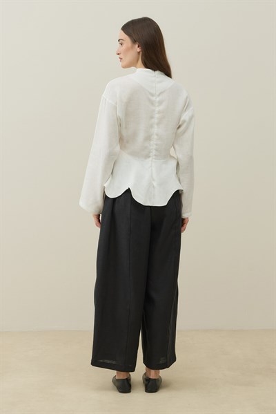 Ekru Hakim Yaka Peplum Keten Bluz