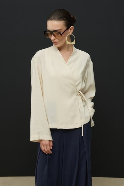 Ekru Kruvaze Bağlamalı Mini Kimono