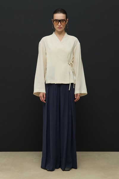 Ekru Kruvaze Bağlamalı Mini Kimono