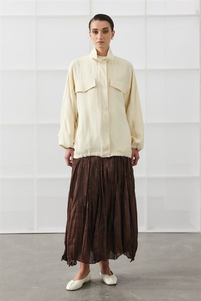 Ekru Oversize Dik Yakalı Bomber Ceket