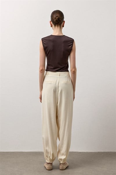 Ekru Pensli Paçası Lastikli Jogger Pantolon